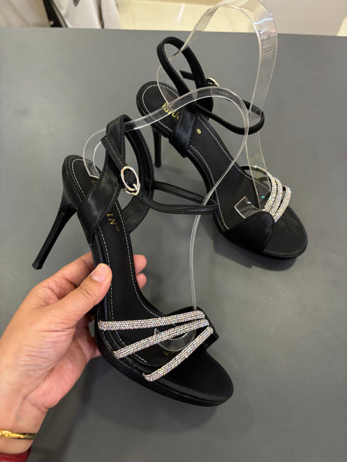 Women Ankle Strap Rhinestone Decor Open Toe Stilettos